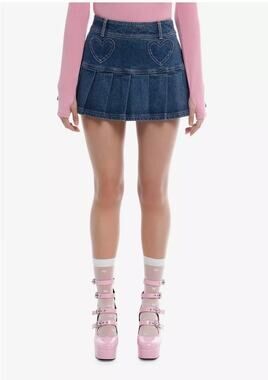 Sweet Society Denim Heart Pocket Pleated Mini Skirt Y2K Blue Size Large